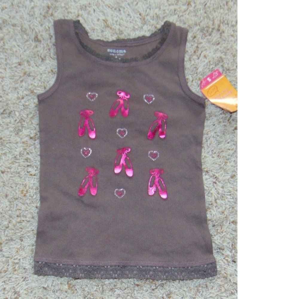 Girls Tank Top 6 Brown Pink Foil Ballerina Slippers Ribbed Tagless Sonoma